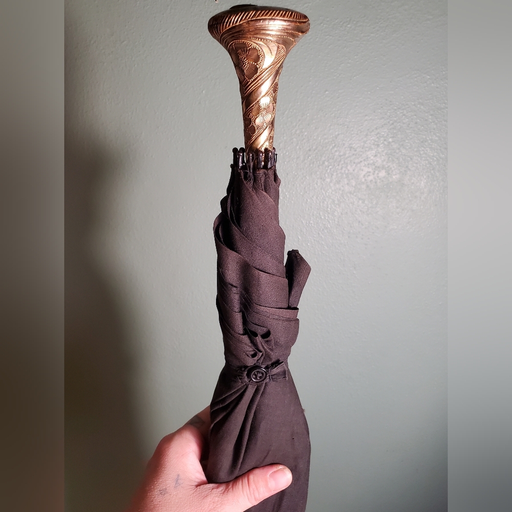 True Antique Black Cloth Mourning Parasol/Umbrella With Floral Brass Handle